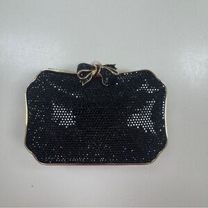 Judith Leiber Black Crystal Minaudiere Clutch Evening Bag w/ Shoulder Strap